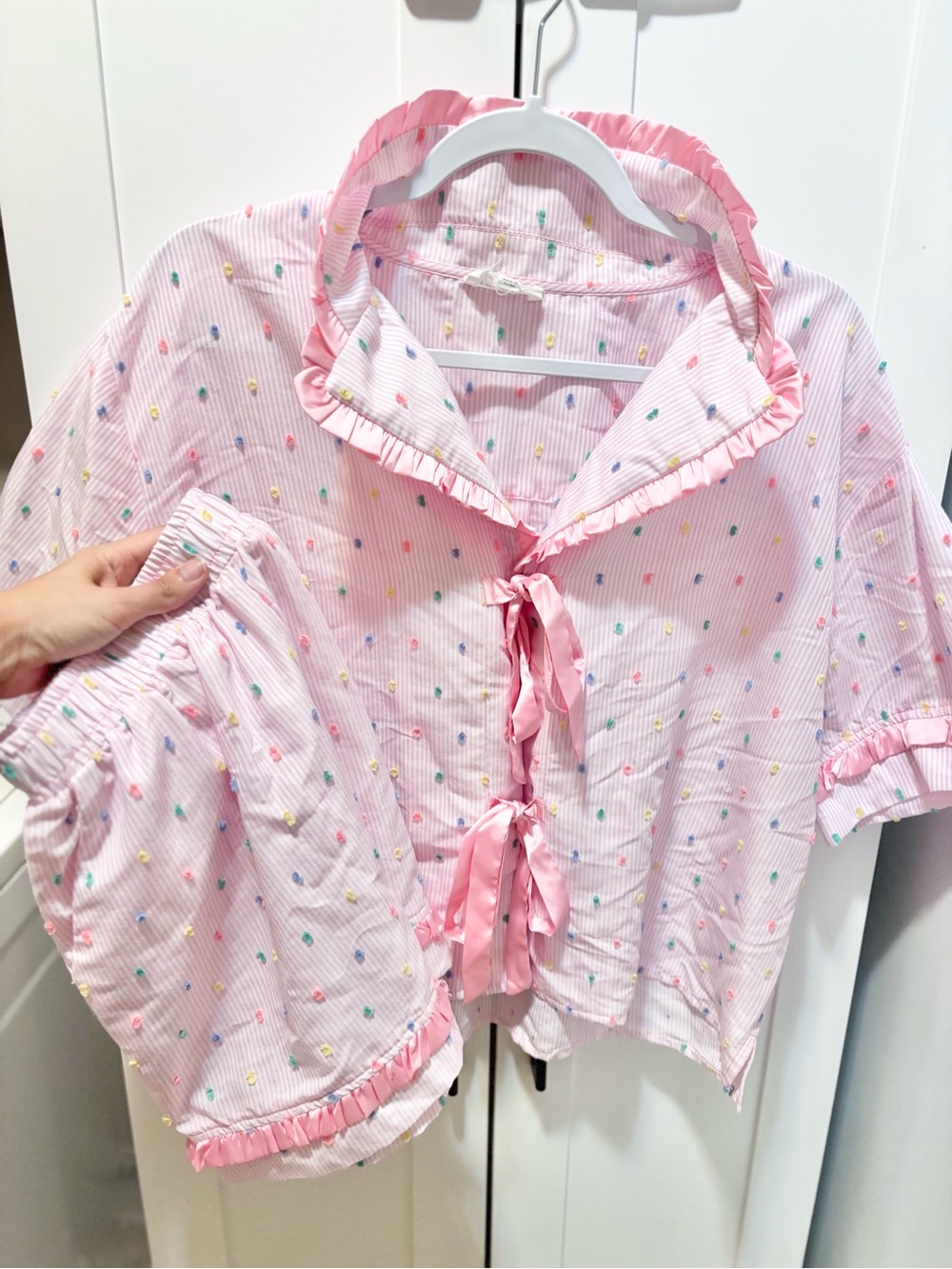 Women's Pink Ruffle Tie-Front Pajama Set